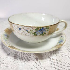 Nippon Teacup and Saucer Set Vintage Hand Painted Blue Flowers Gold Trim